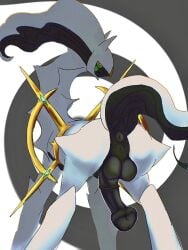 animal_genitalia animal_penis anus arceus ass backsack balls beejamas equine_genitalia equine_penis erection feral generation_4_pokemon genitals hi_res legendary_pokemon looking_at_viewer looking_back male nintendo penis pokemon pokemon_(species) presenting presenting_hindquarters rear_view red_eyes simple_background solo solo_focus spiral tail white_body