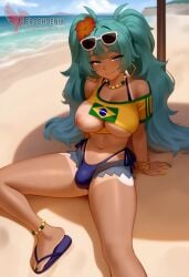 1girls 2d ai_generated aqua_hair ass barefoot big_ass big_breasts bikini bracelet brazilian_miku breasts dark-skinned_female earrings erection erophoenix eyewear_on_head feet full_body futanari grin hair_flower hair_ornament hatsune_miku huge_breasts jewelry kneeling large_penis long_hair looking_at_viewer looking_back nail_polish patreon_username penis shorts smile soles solo solo_female sunglasses swimsuit tan tellow_shirt testicles thick thick_thighs toes uncensored vocaloid