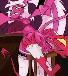anus ass ass_grab ass_spread biting_lip blitzo_(helluva_boss) bodily_fluids breast_squeeze chair demon eating_ass helluva_boss imp imp_tail looking_back looking_down panties panties_down pants_down pink_body pink_hair ponytail saliva sideboob sitting_on_chair spicy_rabb stool succubus succubus_horns succubus_tail succubus_wings thick_ass tongue_in_anus verosika_mayday_(helluva_boss) vivienne_medrano