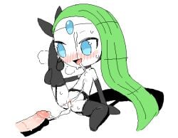 black_clothing blue_eyes blush bodily_fluids clothing cum cum_from_penis cum_from_pussy cum_from_vagina cum_in_pussy cum_in_vagina cum_inside cum_on_chest cum_on_face disembodied_penis duo female female_humanoid flat_chested forehead_gem gem generation_5_pokemon genital_fluids genitals gloves_(marking) green_hair hair human humanoid humanoid_genitalia humanoid_penis humanoid_vulva legendary_pokemon legwear looking_pleasured male male/female male_human mammal markings meloetta meloetta_(aria_form) nintendo open_mouth penis pokemon pokemon_(species) pussy sitting solo_focus stockings sweat tongue tongue_out tosx vulva