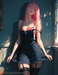 ai_generated bare_shoulders black_dress black_thighhighs boosty boosty_username bra breasts cleavage collarbone cowboy_shot dress female garter_straps glowing_eyes hair_between_eyes head_tilt indoors lace_trim lips long_hair looking_at_viewer medium_breasts parted_lips patreon_username pink_bra pink_eyes pink_hair pink_nails shadow sleeveless sleeveless_dress solo standing strap_slip sunlight teeth thighhighs underwear web_address