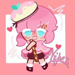 clothing cookie_run cookie_run_kingdom cyan_eyes english_text female hat headgear headwear pink_hair strawberry_crepe_cookie