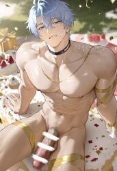 1boy ai_art ai_assisted ai_generated big_penis blue_eyes blush honkai:_star_rail honkai_(series) male male_focus male_only penis phainon_(honkai:_star_rail) smile