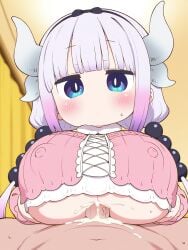 1boy 1girls ai_generated alternate_breast_size alternative_bust_size cum kanna_kamui nipple_bulge nipples_visible_through_clothing osmarsan paizuri_under_clothes tagme