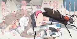 all_fours ass-to-ass_penetration black_shoes black_skirt blue_socks bug cellphone clothing_aside commentary_request crying crying_with_eyes_open female grey_hair hakozaki_serika heart heart-shaped_pupils highres holding holding_phone idolmaster idolmaster_million_live! long_hair long_sleeves miniskirt neku_oneneko open_mouth paid_reward_available panties panties_aside phone pink_panties plaid_clothes plaid_skirt purple_scrunchie recording scrunchie sex_with_insects shirt shoes skirt smartphone socks sound_effects symbol-shaped_pupils tears top-down_bottom-up translation_request twintails underwear variant_set wavy_mouth white_shirt wrist_scrunchie yellow_eyes zoophilia