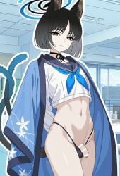 1boy 1femboy ai_art ai_generated black_bikini black_eyes black_hair blue_archive cat_ears cat_eyes cat_tail catgirl censor_bar censored censored_penis eyeliner femboy genderswap_(ftm) japanese_clothes japanese_clothing kikyou_(blue_archive) light-skinned_male light_blue_jacket light_skin little_penis male red_eyeliner rule_63 school_uniform schoolgirl_uniform small_penis toned toned_femboy trap two_tails yaoi