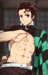 abs chest kamado_tanjirou kimetsu_no_yaiba looking_at_viewer male muscles muscular muscular_male nipples pecs striped striped_body tanjiro_kamado