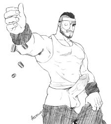 armpit armpit_hair bara black_and_white bullet bullet_casings dark_hair erect erection eye_patch fallout fallout_4 leaking_precum looking_at_viewer male male_focus male_only mohawk muscular muscular_male outstretched_arm outstretched_hand porter_gage porter_gage_(fallout_4) precum smile smirk solo_male t-shirt t_shirt tagme tank_top whyhelbram wristband wristbands yaoi
