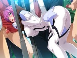 3boys 4boys aqua_eyes ass bent_over blue_eyes blush bodysuit bondage bottomless bound bound_wrists breasts censored clothed_sex covered_nipples day dutch_angle female formal_clothes game_cg gangbang gentle_sasaki group_sex hanging_breasts humiliation imminent_rape impossible_bodysuit impossible_clothes large_breasts male male_masturbation masturbation mosaic_censoring multiple_boys necktie non-web_source official_art open_mouth outdoors penis pillory prism_reica public_use purple_hair rape restrained shindou_hatsune short_hair skin_tight solo_focus soukou_senki_prism_reica stationary_restraints straight suit variant_set white_bodysuit