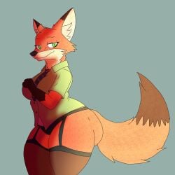 1girls anthro breasts brown_fur bubble_butt chubby chubby_female countershade_torso countershading disney dumbwolfperson ear_tuft eyelashes female female_only furry garter garter_straps genderswap_(mtf) gloves_(marking) green_eyes half-closed_eyes hand_on_breast hourglass_figure looking_back nick_wilde orange_fur panties rule_63 rule_63 shirt side_view sideass slightly_chubby solo tail thick_thighs thigh_socks thigh_strap thighhighs tie white_fur zootopia