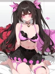 1girl animated barefoot bell belt black_belt black_bow black_choker black_hair black_skirt blinking blush bow bow_bra bra breasts choker closed_mouth collarbone embarrassed female flower_tattoo gif hair_between_eyes hair_intakes hair_ornament honkai:_star_rail honkai_(series) indoors jingle_bell large_breasts live2d long_hair looking_at_viewer navel neck_bell no_shirt on_bed pillow pink_bow pink_bra pink_eyes pink_nails pussy sitting skirt solo sparkle_(honkai:_star_rail) tattoo thighs twintails underwear undressed undressing waterring