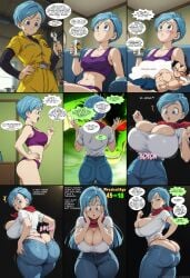 1boy 1girls age_regression ai_generated ambrose ass_expansion blue_eyes blue_hair breast_expansion bulma_briefs bursting_breasts comic dragon_ball dragon_ball_super hair_growth hourglass_expansion huge_ass huge_breasts jeans jumpsuit long_hair milf panties self_upload shenron smug sports_bra stable_diffusion t-shirt thick_thighs thong tight_clothing transformation vegeta whale_tail wide_hips