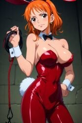 1girls ai ai_generated breasts brown_eyes bunny_ears bunny_tail bunnysuit dominant dominant_female earrings female female_focus female_only hand_on_hip holding_whip latex latex_bunnysuit latex_clothing latex_suit nami nami_(one_piece) necktie one_piece orange_hair ponytail quinzo11 red_bunny_ears red_bunnysuit self_upload shounen_jump standing standing_female toei_animation whip