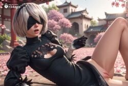 1girls 2b_(nier:automata) ai_generated architecture artist_name barefoot black_blindfold black_dress black_gloves black_hairband blindfold breasts cherry_blossoms cleavage cleavage_cutout clothing_cutout covered_eyes dress east_asian_architecture facing_viewer feather-trimmed_sleeves gloves hairband hi_res long_sleeves lying medium_breasts mole mole_under_mouth nier:_automata nier_(series) nier_replicant no_panties on_side open_mouth outdoors petals puffy_sleeves pussy r34arts short_hair solo uncensored white_hair yorha_2b