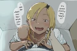 2boys alley bar_censor before_oral blonde_hair blowjob blush brown_eyes censored cock_worship crossdressing dark-skinned_femboy dark-skinned_male dark_skin erection eyeliner fellatio femboy first_person_view forehead from_above gay gay_domination gay_male gomabura gyaru gyaru-oh gyaru-oh_femboy gyaruo hair_grab highres imminent_oral jewelry kneeling long_hair looking_at_viewer makeup male male_focus male_pubic_hair mole mole_under_eye oral otaku penis ponytail pov pubic_hair shorts solo_focus tagme tongue_out trap