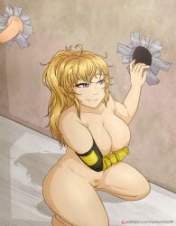 1girls blonde_female blonde_hair breasts glory_hole long_hair long_hair_female nude_female onionfairy99 purple_eyes robotic_arm rwby solo_female yang_xiao_long