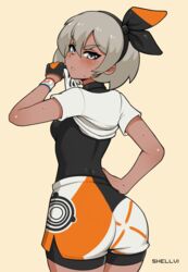 1girls ass bea_(pokemon) blush cleavage dark-skinned_female dark_skin female female_only looking_at_viewer looking_back pokemon pokemon_ss shellvi solo sweat