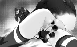 anal anal_beads anal_object_insertion animal_ears ass bar_censor blush bottomless censored commentary_request elbow_gloves female female_masturbation fingerless_gloves from_behind gloves greyscale highres kemono_friends lying masturbation monochrome multicolored_hair object_insertion on_stomach sex_toy short_hair simple_background skindentation skirt skunk_ears skunk_girl skunk_tail solo spotted_skunk_(kemono_friends) spread_legs steam sweat tail thighhighs ykt_scl