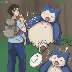 blue_body blue_eyes brown_hair commission digital_media_(artwork) fangs glasses hair hi_res light-skinned_male male megumipan616 open_mouth original original_character pokémon_(species) pokemon pokemon_(species) pokemon_trainer pre_vore simple_background sleeping snorlax