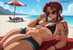 1futa 2025 adjusting_eyewear ai_generated arm_tattoo beach beach_chair beach_umbrella bikini bikini_tan bikini_top_only black_bikini black_lagoon blue_sky breasts brown_eyes brown_hair cigarette cloud day denim denim_shorts enjoyerartai erection futa_only futanari hi_res jewelry large_breasts large_penis long_hair looking_at_viewer lying navel ocean outdoors penis ponytail revy self_upload short_shorts shorts sky smoking solo solo_futa sunglasses tan tanlines tattoo testicles umbrella