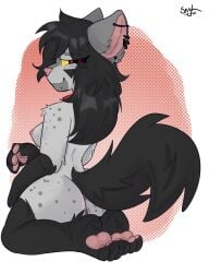 absurd_res anthro anus blush breasts canid canine canis collar fan_character female fluffy generation_3_pokemon genitals hair hi_res hybrid hyena kneeling long_hair looking_at_viewer looking_back mammal mightyena nintendo nipples paws piercing pink_vulva pokemon pokemon_(species) raised_tail skyl4378 smile solo tail vulva wolf