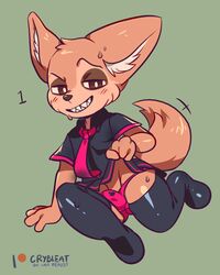 1boy 2019 anthro blush bodily_fluids bottomwear bulge canid canine clothed clothing conditional_dnp crybleat digital_media_(artwork) disney erection fennec finnick fox legwear looking_at_viewer male male_only mammal musk panties school_uniform skirt smile solo stockings sweat topwear underwear uniform video_games zootopia