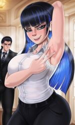 2025 ado_(music-artist) ado_(utaite) ai_generated armpits arms_up black_clothing black_hair chando_(ado) shadman_(style) shadman_homage smug smug_expression smug_eyes smug_face smug_smile steam sweat vampiregurl