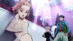 1girls 2boys age_difference clothed_male clothed_male_nude_female david_productions deformed diamond_is_unbreakable edit female ghost ghost_girl green_hair jojo's_bizarre_adventure koichi_hirose naked nude_female photoshop pink_hair rohan_kishibe sugimoto_reimi white_hair