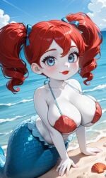 1female 1girls ai_generated beach big_breasts bikini bikini_top blue_eyes blue_ribbon blush bra breasts cleavage clouds curly_hair eyelashes female female_focus female_only freckles freckles_on_face hair hair_ribbon lips lipstick looking_at_viewer mermaid mermaid_tail ocean pixai poppy_(poppy_playtime) poppy_playtime red_hair red_lips red_lipstick ribbon ribbons sand scales seashell seashell_bikini seashell_bra sky smile smiling smiling_at_viewer tail twintails twintails urikoito water white_body white_skin