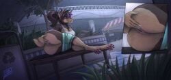 4_toes anthro ass bench bodily_fluids bottomwear bottomwear_down breasts canid canine canis clothed clothing digital_media_(artwork) dobermann domestic_dog dripping feet female fingers fur genital_fluids genitals hair hand_on_butt hi_res lying mammal on_side partially_clothed pawpads pinscher ponytail presenting presenting_vulva public public_exposure shorts shorts_down smile solo spread_butt spreading tail thatpotoo toes tongue tongue_out topwear vaginal_fluid_drip vaginal_fluids vulva