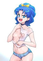1girls belly_button blue_eyes blue_hair breasts fangs female female_only hair_ribbon kirakira_precure_a_la_mode light-skinned_female light_skin nipples nypdesu precure pretty_cure ripped_clothing shorts small_breasts solo tategami_aoi toei_animation