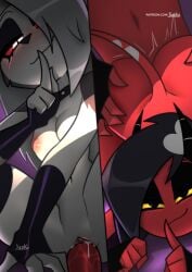 ass big_breasts black_hair devil_girl female gotic gray_hair helluva_boss jizoku loona_(helluva_boss) millie_(helluva_boss) naked penis red_eyes sex uncensored vagina wolf_girl yellow_eyes