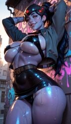 1girls ai_generated alternate_version_at_source alternate_version_available big_breasts blizzard_entertainment bra breasts ecchi female hands_behind_head helmet loraxxl_(artist) no_shirt overwatch overwatch_2 panties ponytail purple_body purple_hair purple_skin seductive skirt widowmaker yellow_eyes