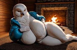 ai_assisted ai_generated ai_video anthro ass_focus big_breasts bird bird_girl bird_tail black_panties blue_jacket curvy_female female female_focus female_only fireplace fluffy_breasts fluffy_fur furry furry_female huge_breasts indoors jacket looking_at_viewer lying_on_side open_clothes orange_sclera owl owl_girl panties styl1sh tagme thick_thighs video