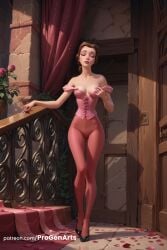 1girls ai_generated artist_name bare_shoulders beauty_and_the_beast belle belle_(beauty_and_the_beast) black_footwear braid breasts brown_hair closed_eyes collarbone corset curtains door eyeshadow flower full_body hi_res high_heels indoors lips lipstick makeup medium_breasts nail_polish nipples no_bra off_shoulder pants pantyhose patreon_username petals pink_flower plant progenarts red_lips rose rose_petals shadow solo standing thigh_gap watermark web_address