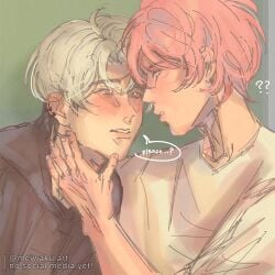 2025 bamby_(plave) begging blush ear_piercing eunho_(plave) eye_contact gay holding_neck kpop meiwaku.art piercing plave pleading red_eyes teasing text text_bubble two_tone_hair white_hair yaoi