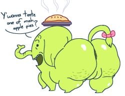 2025 adventure_time anus apple_pie barely_visible_anus bow_accessory cartoon_network cellulite darkened_anus dialogue digital_drawing_(artwork) digital_media_(artwork) elderly elephant elephantid english_text female feral floppy_ears food genitals green_body looking_back mammal open_mouth pastry pie pie_(food) proboscidean proboscis_(anatomy) rear_view slem solo speech_bubble tail teeth text tree_trunks trunk_(anatomy) vulva