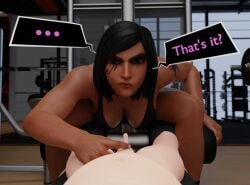 1boy 1girls 3d black_hair dark-skinned_female english_text erect_penis erection female femboy gym light-skinned_male light_skin looking_at_viewer male micropenis nier nier:_automata overwatch penis pharah pov saidegen small_penis small_penis_humiliation text trap yorha_9s
