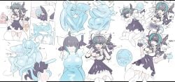 apple basket black_hair blue_eyes blush catgirl changing_color dress encasement fingerless_gloves gagged heart_symbol highlights_(coloring) latex mxl offering_to_viewer possession rubber slime stretch takeover thighhighs tricked
