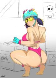 ass big_ass big_butt big_penis bikini blue_hair box brawl_stars damphjack feet female glasses gloves helmet jacky_(brawl_stars) male penis pose squatting tinted_eyewear
