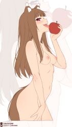 1girl 1girls animal_ears animal_tail apple blushing blushing_at_viewer blushing_female breasts brown_hair brown_hair_female fangs female hime_cut holding_apple holding_food holding_fruit holo kemono kemonomimi licking licking_food likunea long_hair long_hair_female looking_at_viewer naked naked_female nude nude_female red_eyes red_eyes_female slim slim_female slim_girl small_breasts sole sole_female spice_and_wolf tagme tail tongue wolf_ears wolf_girl wolf_tail
