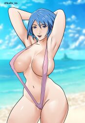 1girls aqua_(kingdom_hearts) arms_behind_head arms_up beach beach_background bikini blue_eyes kalxto large_breasts looking_at_viewer pink_bikini pubes pubic_hair sling_bikini slingshot_bikini slingshot_swimsuit smile solo solo_female solo_focus spiky_hair