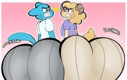 2girls anthro ass ass_focus ass_to_ass big_ass blonde_hair blue_body bottom_heavy bubble_butt chi_chi's_mom clothing competitive dat_ass denizen1414 fat_ass feline female female_only furry furry_only goat horns huge_ass large_ass looking_at_each_other massive_ass milf mother nicole_watterson png shirt skirt tail the_amazing_world_of_gumball thick_ass