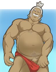 1boy 1male arm_hair barazoku belly closed_eyes dad_bod dadbod dilf eyes_closed facial_hair gray_hair hala_(pokemon) happy_trail human human_only male male_only manly moustache muscular_male mustache old old_man partial_nudity partially_nude pecs pokemon pokemon_sm solo solo_male speedo suggestive swimwear swimwear_pull tagme