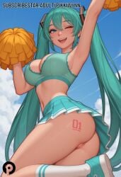 ;d ai_generated alternate_breast_size aqua_eyes aqua_hair arm_up armpits ass blush breasts cheerleader cleavage female hatsune_miku large_breasts long_hair looking_at_viewer midriff miniskirt navel no_panties one_eye_closed open_mouth pikkiwynn pom_pom_(cheerleading) pussy skirt sky smile sneakers solo thighs twintails very_long_hair vocaloid