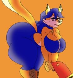 1girls anthro ass_bigger_than_head ass_up big_ass blue_hair boots bottom_heavy breasts bubble_butt carmelita_fox cleavage collar countershade_torso countershading cream_fur dumbwolfperson ear_piercing earrings eyelashes female female_only fox furry gloves gun head_tuft heel_boots leaning_forward leggings looking_back mascara nipple_bulge orange_eyes orange_fur raised_tail sly_cooper_(series) solo sony_interactive_entertainment thick_thighs thighs_bigger_than_head two_tone_body two_tone_fur