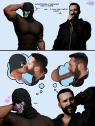 2boys 3d 3d_(artwork) 3d_artwork beard big_chest blush bubble_speech call_of_duty captain_price chest_hair chest_hair_peek erect erect_cock erect_dick erect_penis erection floating_heart gay ghost_(modern_warfare_2) glasses hairy_chest jacket john_price kissing male/male male_kissing_male mask masked masked_male meme moustache muscles nervous rikkisrenders shirtless_under_jacket simon_riley tattoo tattooed_arm tattooed_belly text thought_bubble transparent_clothing vein_on_penis veins_on_cock veins_on_dick veiny_cock veiny_dick veiny_penis visible_nipples yaoi