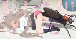 all_fours ass-to-ass_penetration black_shoes black_skirt blue_socks bug clothing_aside commentary_request female grey_hair hakozaki_serika heart heart-shaped_pupils highres idolmaster idolmaster_million_live! long_hair long_sleeves miniskirt neku_oneneko open_mouth paid_reward_available panties panties_aside pink_panties plaid_clothes plaid_skirt purple_scrunchie scrunchie sex_with_insects shirt shoes skirt socks sound_effects symbol-shaped_pupils top-down_bottom-up translation_request twintails underwear variant_set white_shirt wrist_scrunchie yellow_eyes zoophilia