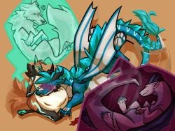 annoying anthro belly big_belly blush bodily_fluids canid canine canis digital_media_(artwork) dragon female feral group hi_res huge_belly male mammal maned_wolf mythological_creature mythological_scalie mythology saliva scalie scarf sky(skydragonsn) smile stomach_bulge tail tail_motion tailwag verlagsjel vigforkast_(warth) vore warth watermark wolf