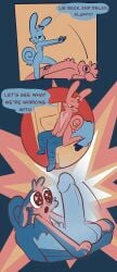absurd_res anthro bovid caprine comic dialogue duo female female_on_top fur genitals glowing glowing_genitalia hi_res lagomorph male male/female mammal nude nude_anthro nude_female on_top pushing_down removed_clothing restricted_palette saffron_(unicorn_blood) sheep speech_bubble tulip_(unicorn_blood) vanilla_candy wool_(fur)